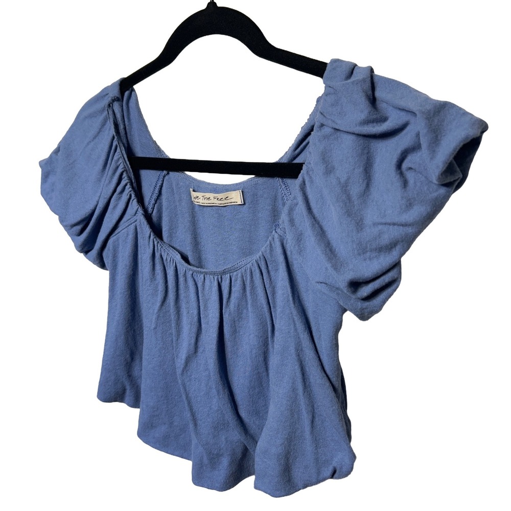 We The Free Women's Blue Puff Sleeve Round Neck Cropped Top Extra Small XS